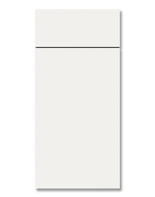 A slab style cabinet door and matching drawer front, painted in Sherwin Williams Extra White.