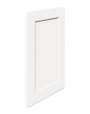 A shallow beveled shaker style cabinet door with 23 degree angle to center panel, photographed from a 45 degree angle, painted in Sherwin Williams Extra White.