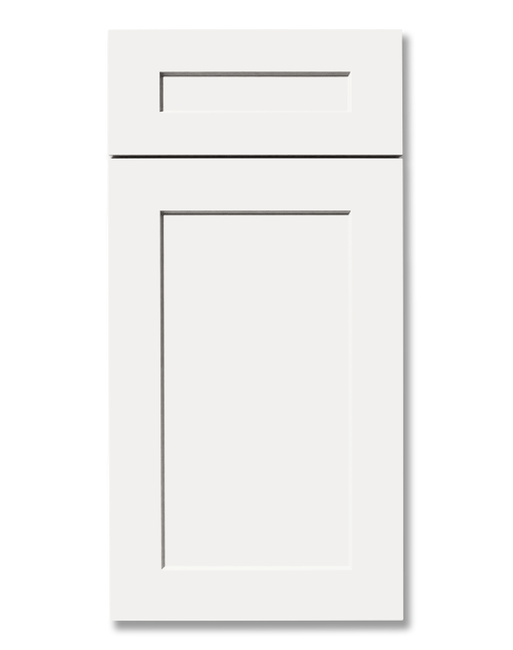 A shallow beveled shaker style cabinet door and matching drawer front with 23 degree angle to center panel, painted in Sherwin Williams Extra White.