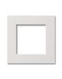 A shallow beveled shaker style glass-ready cabinet door with glass cutout, painted white.