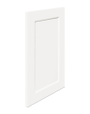 A beveled shaker style cabinet door with 45 degree angle to center panel, photographed from a 45 degree angle, painted in Sherwin Williams Extra White.