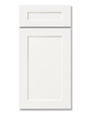 A beveled shaker style cabinet door and matching drawer front with 45 degree angle to center panel, painted in Sherwin Williams Extra White.