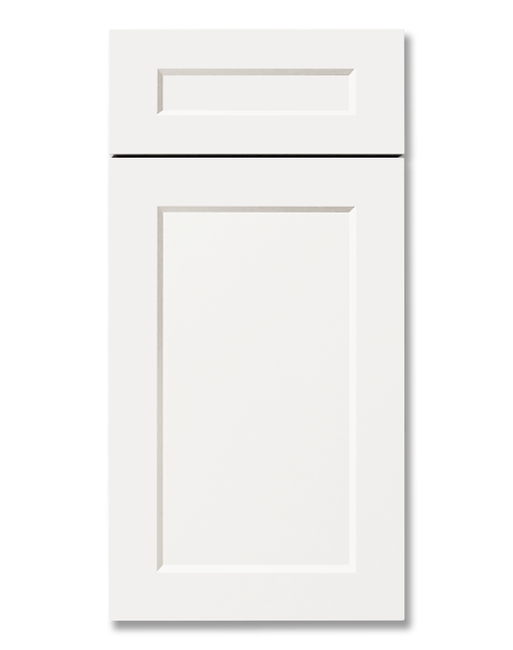 A beveled shaker style cabinet door and matching drawer front with 45 degree angle to center panel, painted in Sherwin Williams Extra White.